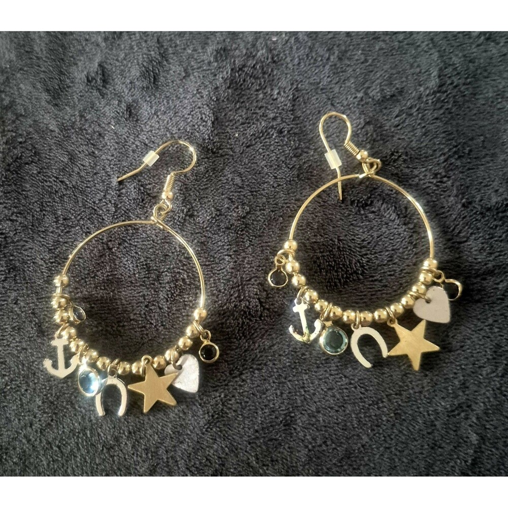Gold Tone Charm Hoop Earrings Dangle Nautical Celestial Mixed Charms Heart Star